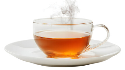 A Steam Rising from a Transparent Cup of Hot Tea on a White Plate Isolated on a White Background