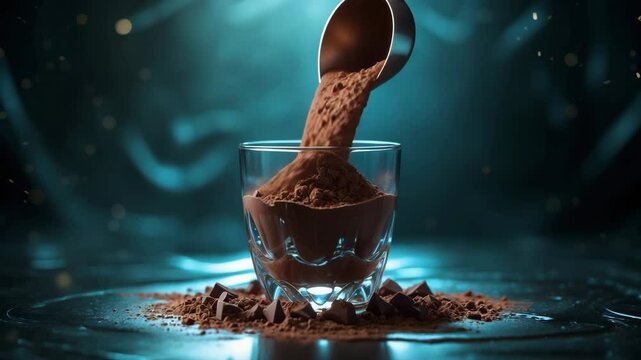 Chocolate protein powder being poured into water on a dark background
