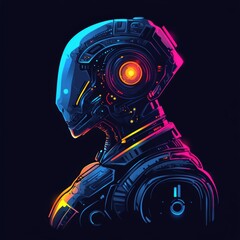 Futuristic AI Robot Portrait with Glowing Neon Accents on Black Background for Technology Concepts