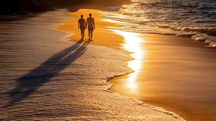 A couple walking along the shoreline at sunset, with their shadows reflected in the golden sand