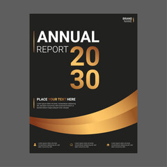 Professional annual report cover design template with modern black background and elegant gold wave layout for corporate brochure or business presentation