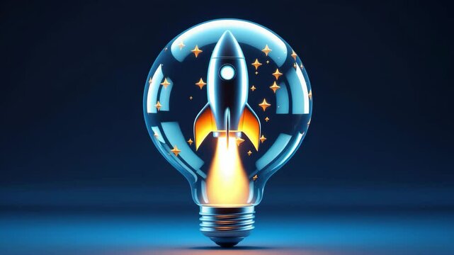 Creative rocket launch concept within a lightbulb symbolizing strategic planning and startup initiation for corporate growth