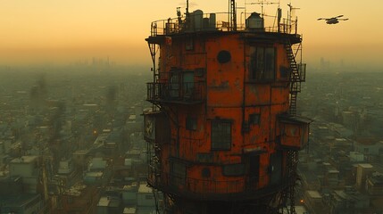 Futuristic, cylindrical dwelling above smog-filled city