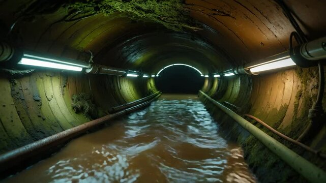 Murky wastewater moving through a circular underground sewer system