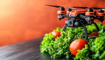 Orange drone hovers over fresh produce.