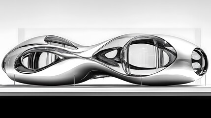 Fluid, metallic architectural structure on display.