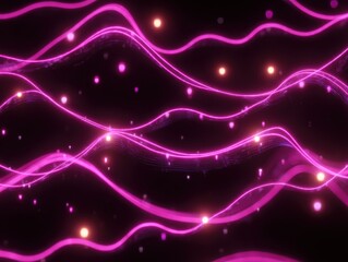 Fototapeta premium Magenta waves of light flow through a dark expanse, dotted with luminous spheres, creating a dreamlike, vibrant scene.