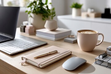 An aesthetically pleasing desk setup featuring elegant stationery, a stylish notebook, and plants, offering tranquility and inspiration for writers and creatives alike.