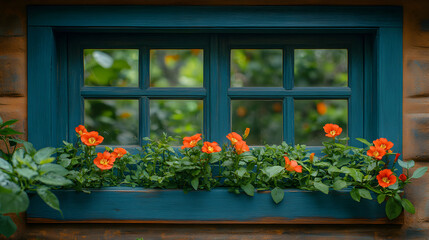 Fototapeta premium Vibrant orange flowers bloom in a window box below a charming teal window, creating a picturesque scene of natural beauty.