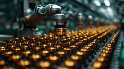 Amber bottles on conveyor belt industrial production line manufacturing process