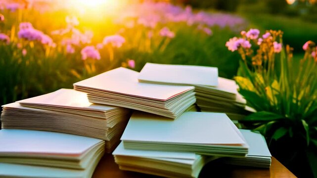 Blank Papers Stacked Outdoors in Golden Hour Sunlight near Flowers