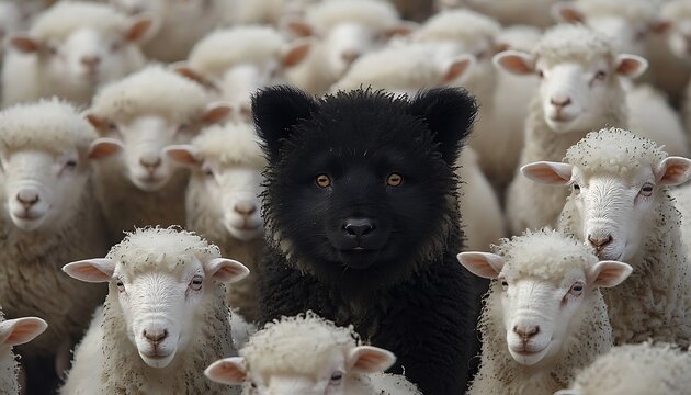 Black pup amidst a flock of white sheep, a symbol of difference.