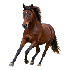 Obraz premium Strong galloping horse with detailed brown coat on plain white background