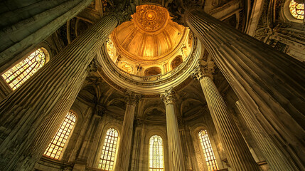 Obraz premium Grand Interior Of An Old Church With Golden Light