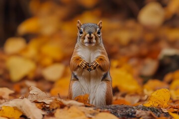 Fototapeta premium A small squirrel with a fluffy tail stands upright among a carpet of orange and yellow leaves. The forest background is softly blurred, highlighting the vibrant autumn colors