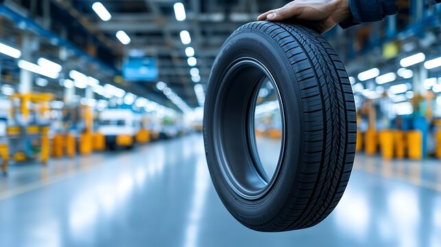 Factory worker holds a new tire in a modern manufacturing plant.