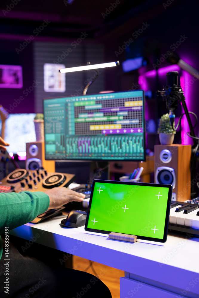Poster producer songwriter mixing and mastering tracks with stereo gear, greenscreen layout on a tablet. so