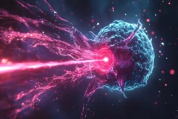 Futuristic laser technology targeting cancer cells, perfect visual for promoting advanced cancer treatment and biotech solutions
