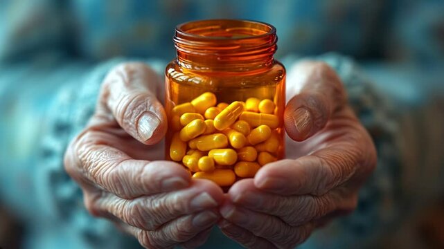 Manos de mujer anciana sosteniendo bote naranja transparente con p&iacute;ldoras medicamento. Acercamiento. 