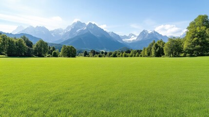 Obraz premium Lush green meadow stretches to a backdrop of majestic snow-capped mountains