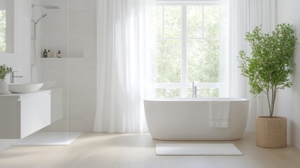 Modern minimalist bathroom interior design white bathtub clean simple home decor