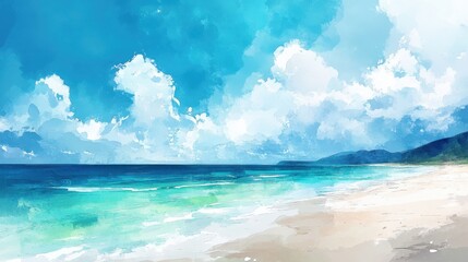 A beautiful watercolor painting of a bright sunny beach scene