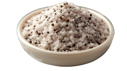 A bowl of coarse salt with black pepper flakes perfect for culinary seasoning and food photogr