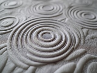 Naklejka premium Circular Pattern Fabric: Close-up of a soft, textured fabric with concentric circular designs. Serene and calming visual. Great for backgrounds.