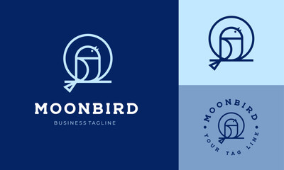 Logotipo minimalista de Moonbird: elegante pájaro con líneas y círculo para marca o identidad empresarial.