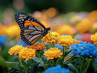 Obraz premium Vibrant monarch butterfly on colorful flowers.