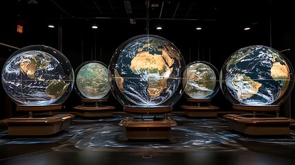 Multiple interactive globes showcase global weather patterns and data.