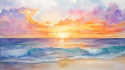 Obraz premium The Watercolor Painting Depicts a Vivid Sunset Over the Ocean