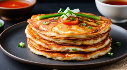A stack of savory pancakes garnished with green onions and drizzled in a rich soy sauce sits on a ceramic plate, accompanied by two bowls of dipping sauce