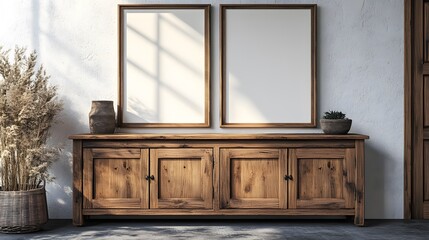 Stylish 3D scene featuring blank posters and wooden furniture in minimalist home interior, great for creative mockups and product promotion visuals
