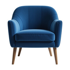 Naklejka premium Modern blue velvet armchair with wooden legs and curved backrest isolated on transparent background