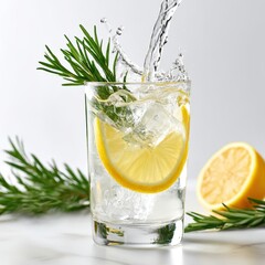 Fototapeta premium Refreshing drink with lemon, rosemary, and ice splashing in clear glass