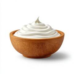 Wooden bowl filled with smooth white cream, isolated on white background