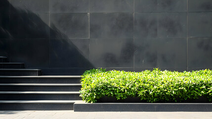 Fototapeta premium Modern Exterior Steps And Greenery With Black Stone Wall