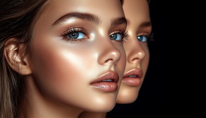 Two women's faces with glowing makeup and highlights.