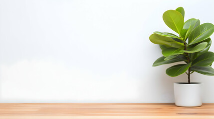 Fototapeta premium Potted Ficus Plant On Wooden Table Against White Wall