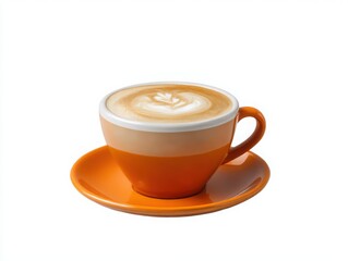 Latte art in orange cup and saucer  isolated on white background
