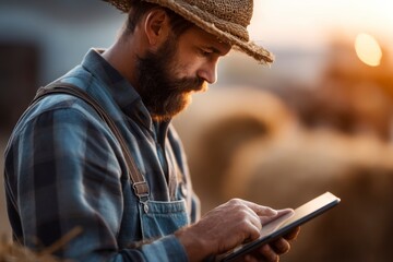 Farmer Using Tablet for Modern Agriculture on Farm at Sunset