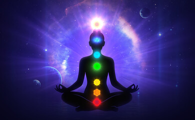 Woman Meditating with Seven Glowing Chakras in Cosmic Space