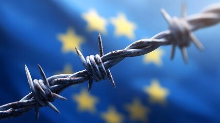Symbolic image of EU flag behind barbed wire representing immigration limits, trade conflict, and geopolitical tension

