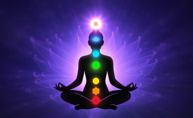 Meditating Woman with Radiant Chakras and Cosmic Lotus Energy