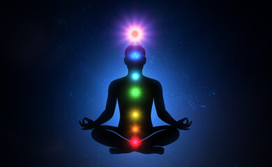 Silhouette of Meditating Man with Seven Glowing Chakras on Cosmic Background