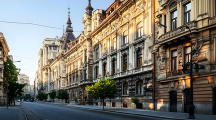 Obraz premium Historic European City Street At Sunrise
