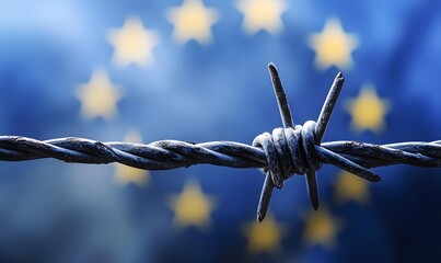 Powerful visual concept of barbed wire against European Union flag for campaigns on economic sanctions, migration, and policy awareness
