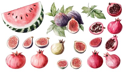 Watercolor illustration of fresh fruits, including watermelon, figs, and pomegranates.