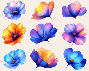 Vibrant floral design set in various colors.